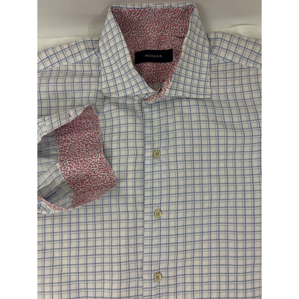 Rochas‎ Paris Men's Blue Cotton Check Spread Contrast Collar Dress Shirt Sz XL